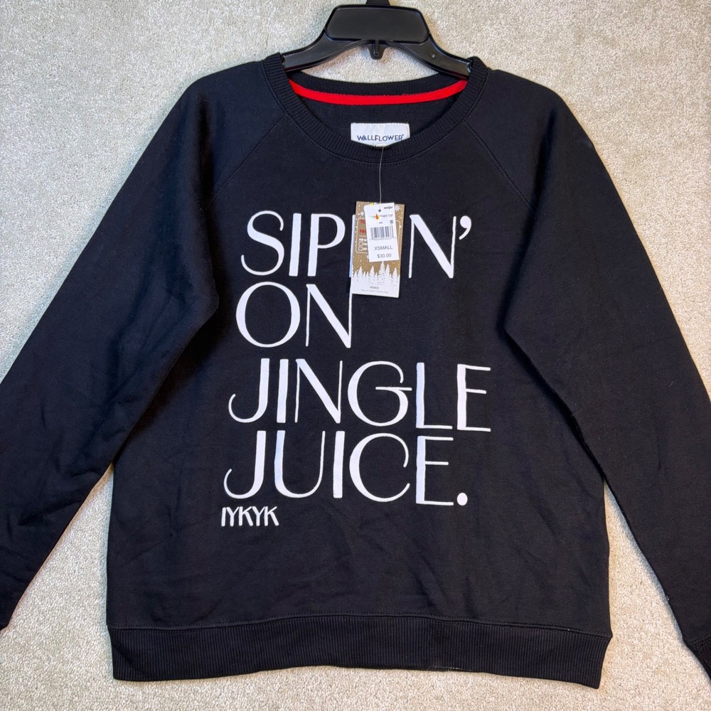 Wallflower Sweatshirt Womens XS Black Sip On Jingle Juice IYKYK Holiday Graphic